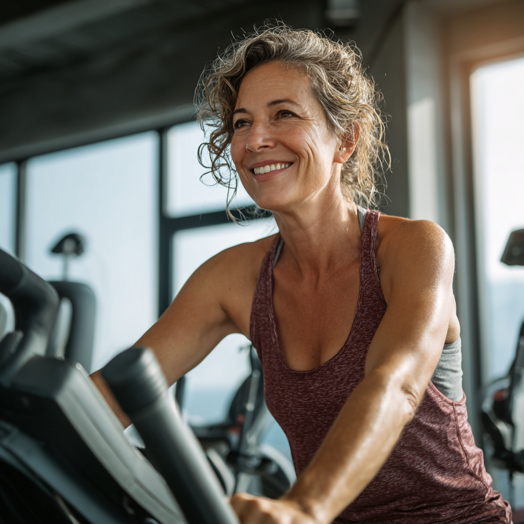 Жінка 52 років займається на кардіо-тренажері, посміхається та демонструє хорошу фізичну форму
