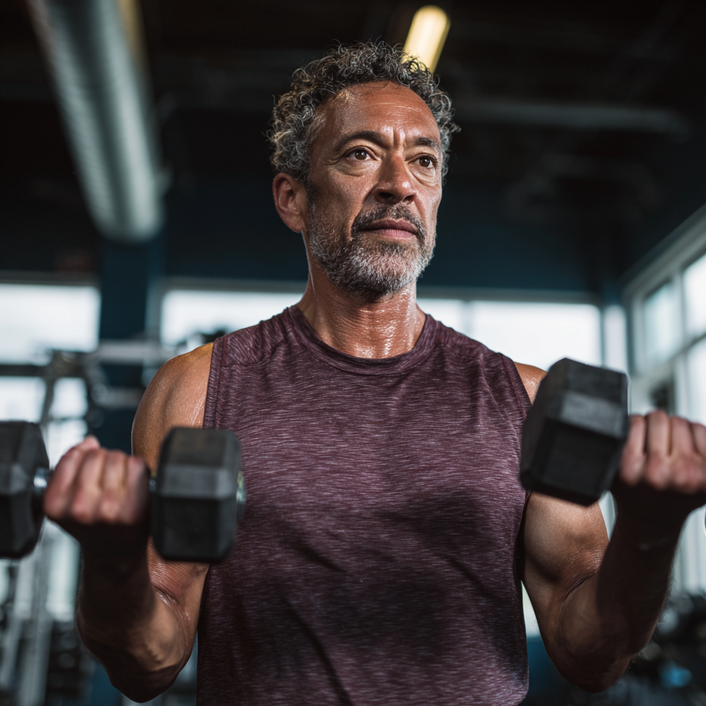 Чоловік 55 років виконує силові вправи з гантелями в спортзалі, демонструючи правильну техніку