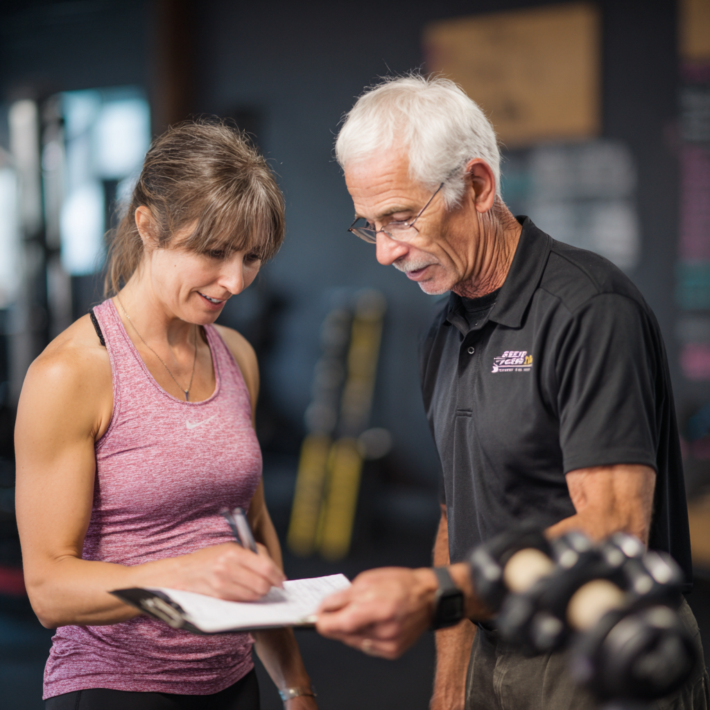 Тренер 58 років консультує клієнта щодо індивідуальної програми тренувань, демонструючи професійний підхід