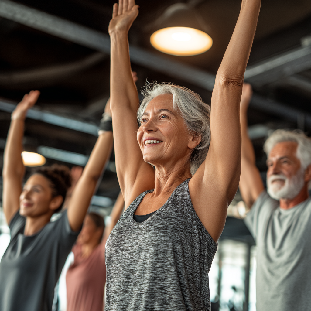 Група людей віком 50-60 років займається груповим фітнесом в сучасному спортзалі, демонструючи командний дух